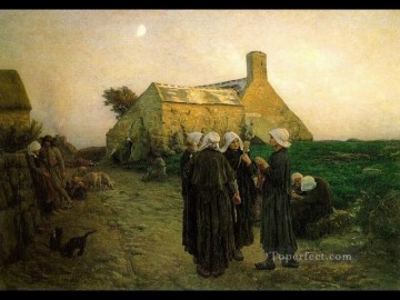 Jules Breton Painting - Evening in the Hamlet of Finistere countryside Realist Jules Breton